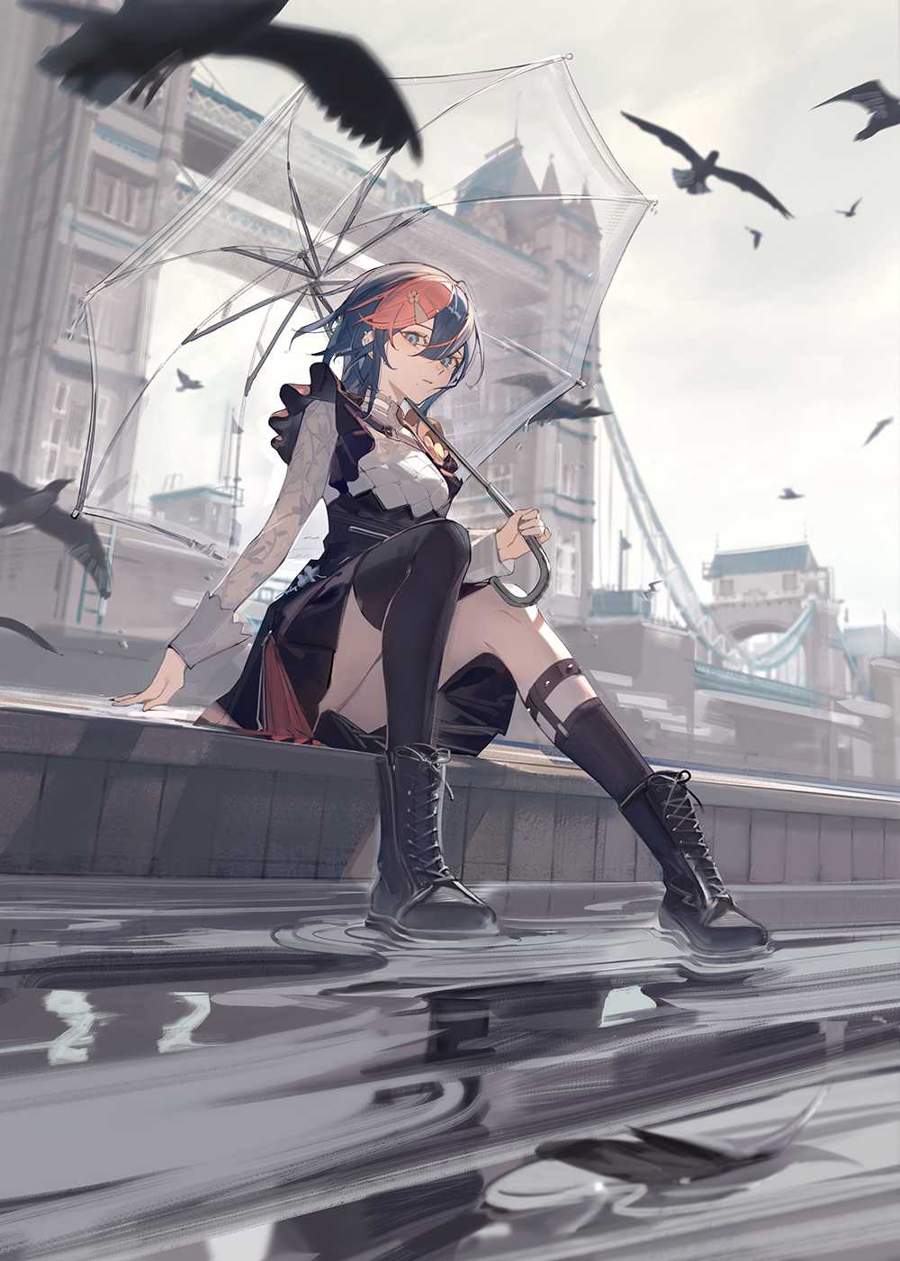 1girl, :|, after_rain, bird, black_bird, black_footwear, black_socks, black_thighhighs