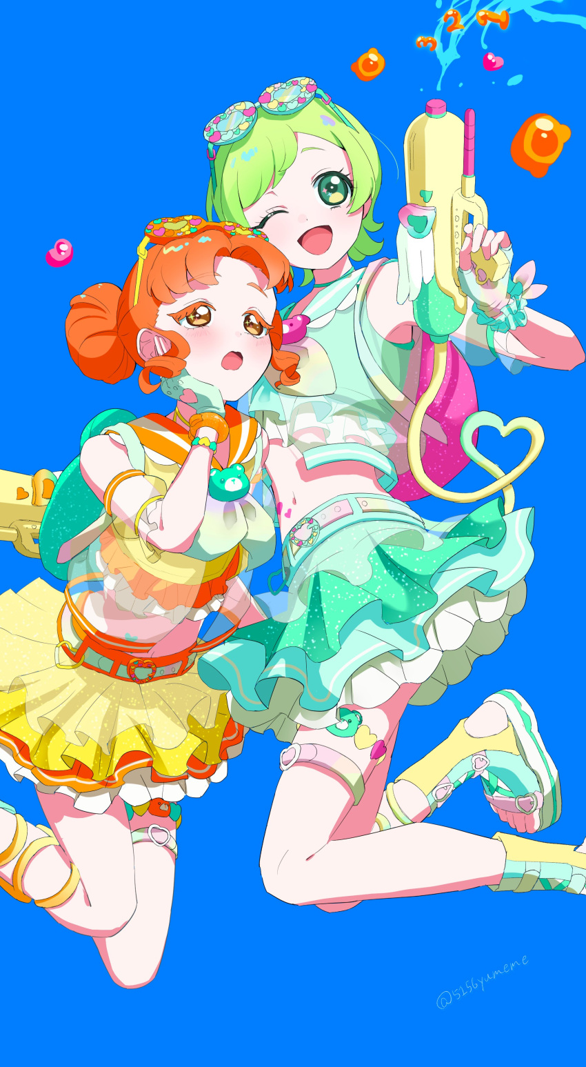 2girls, :o, absurdres, bare_arms, belt, blue_background, choker, colored_eyelashes