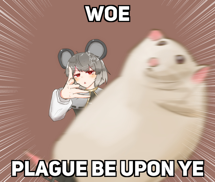 1girl, absurdres, animal_ears, blush, brown_background, capelet, commentary_request, eminem_throwing_a_fat_rat_(meme), emphasis_lines, english_commentary, english_text, grey_capelet, grey_hair, grey_vest, highres, kiiroku06, looking_at_viewer, medium_bangs, meme, mixed-language_commentary, motion_blur, mouse_(animal), mouse_ears, mouse_girl, nazrin, open_mouth, red_eyes, shirt, short_hair, simple_background, solo, touhou, triangle_mouth, upper_body, v-shaped_eyebrows, vest, white_shirt