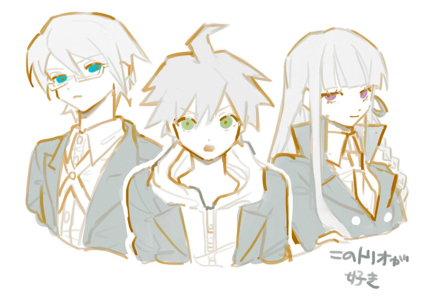 1girl, 2boys, a92o4e, ahoge, blazer, blunt_bangs, braid, buttons