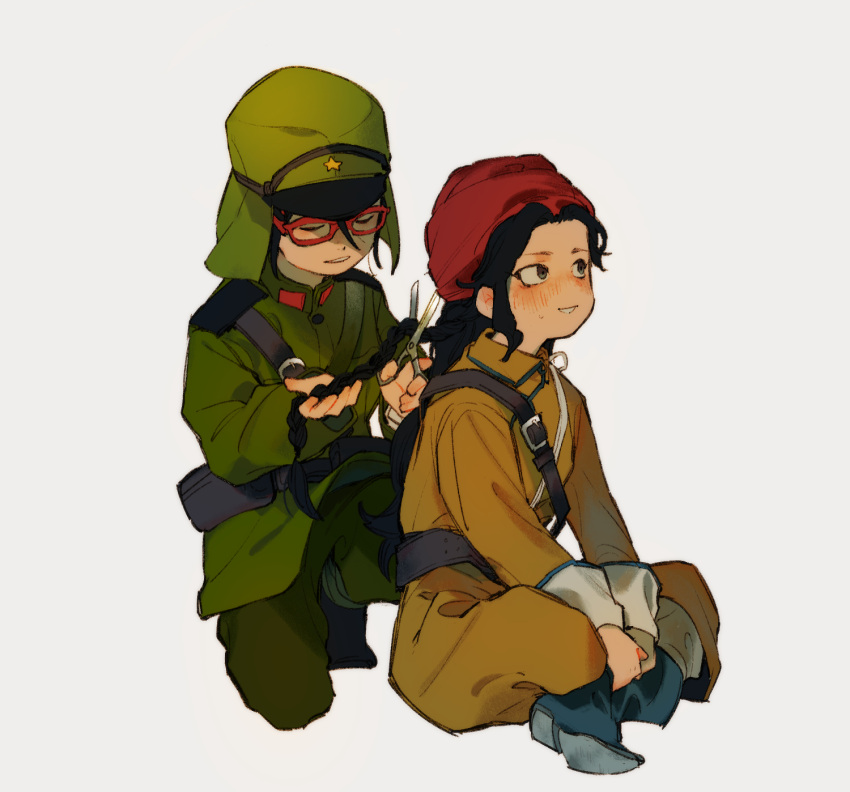 2girls, black_hair, blush, cutting_hair, full_body, glasses, highres, imperial_japanese_army