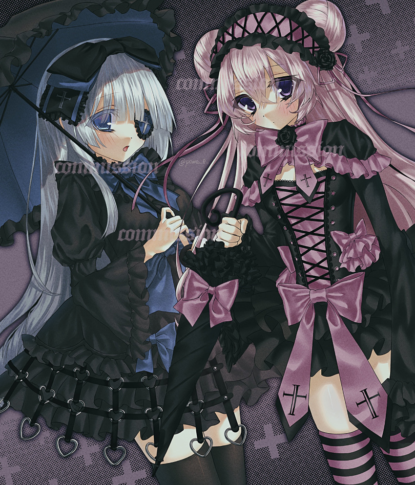 2000s_(style), 2girls, absurdres, artist_name, black_bow, black_headdress, black_jacket, black_skirt