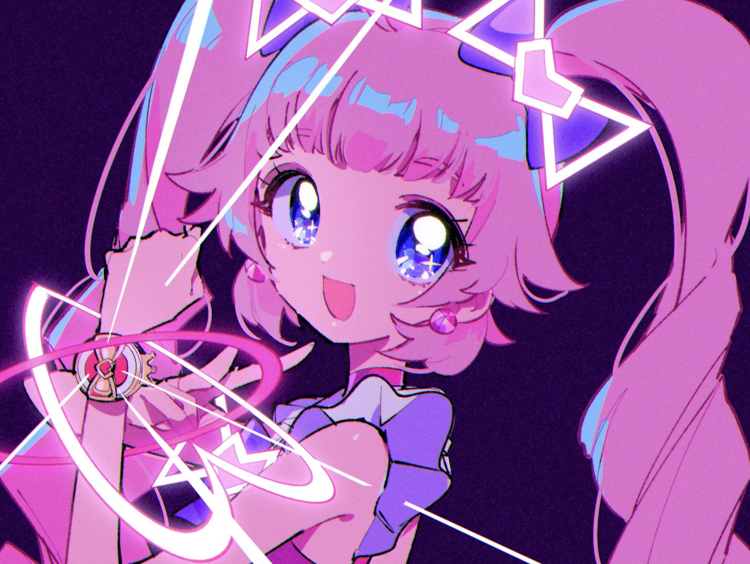 1girl, :d, aozora_himari, black_background, blue_eyes, bow, bracelet, clenched_hand, commentary, dangan_(g7mogmog), dress, earrings, film_grain, hair_bow, hands_up, himitsu_no_aipri, jewelry, long_hair, looking_to_the_side, neon_lights, pink_hair, portrait, pretty_series, purple_bow, sleeveless, sleeveless_dress, smile, solo, twintails, v