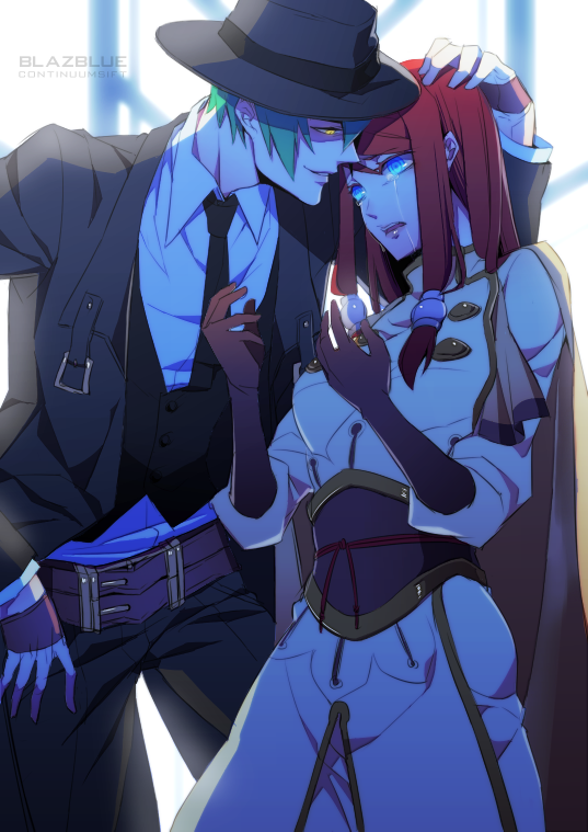 blue_eyes, fedora, fingerless_gloves, formal, gloves, green_hair, hat, hazama, jou, jou_(frog-style), jou_(mono), long_hair, necktie, red_hair, redhead, suit, tears, tsubaki_yayoi, uniform, yellow_eyes, you_gonna_get_raped