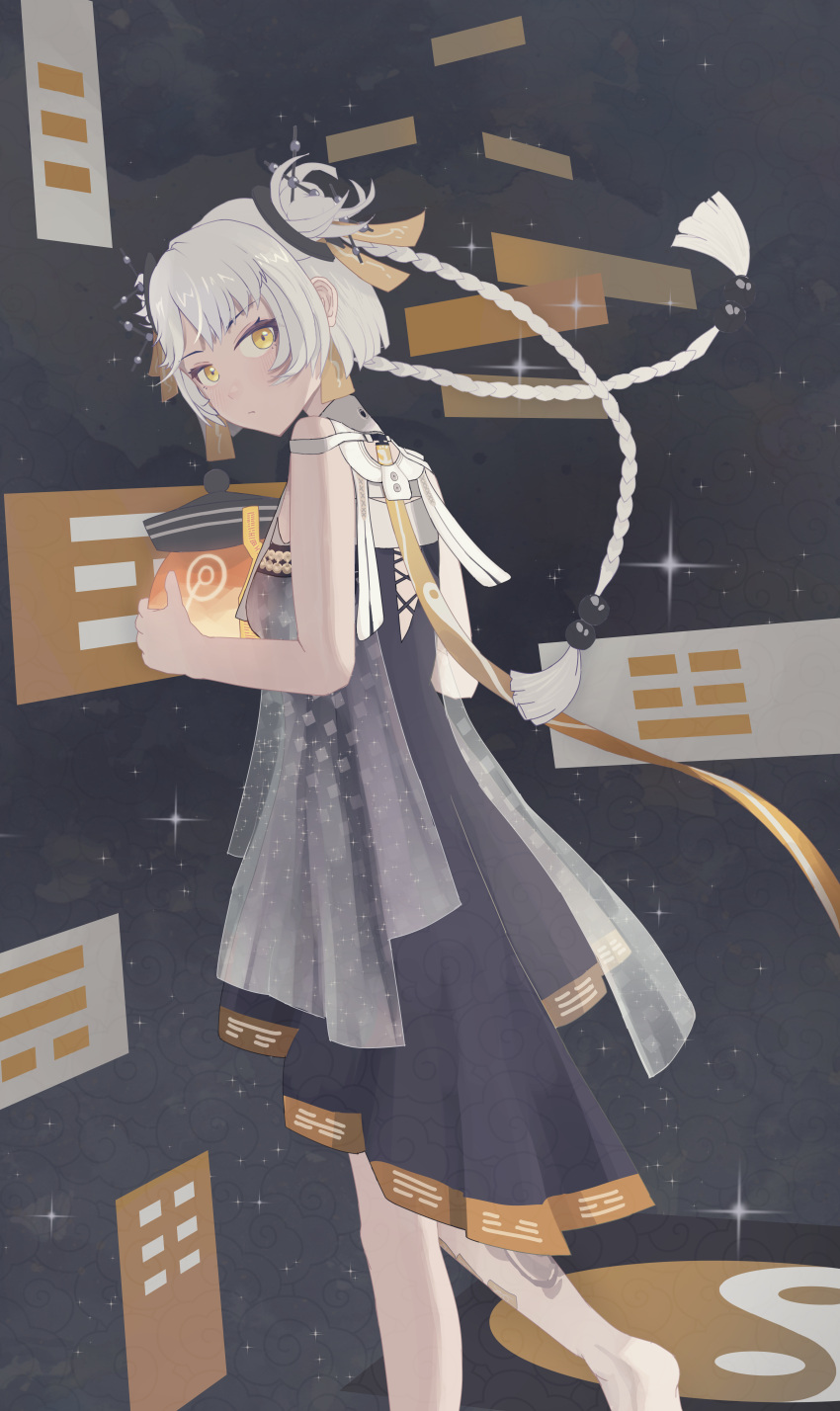 1girl, absurdres, black_dress, braided_twintails, china_dress, chinese_clothes, dress, grey_dress, grey_hair, hair_ornament, highres, inficer, karenina_(punishing:_gray_raven), looking_at_viewer, looking_back, official_alternate_costume, orange_eyes, punishing:_gray_raven, sidelocks, sleeveless, sleeveless_dress, solo, white_hair, yellow_eyes