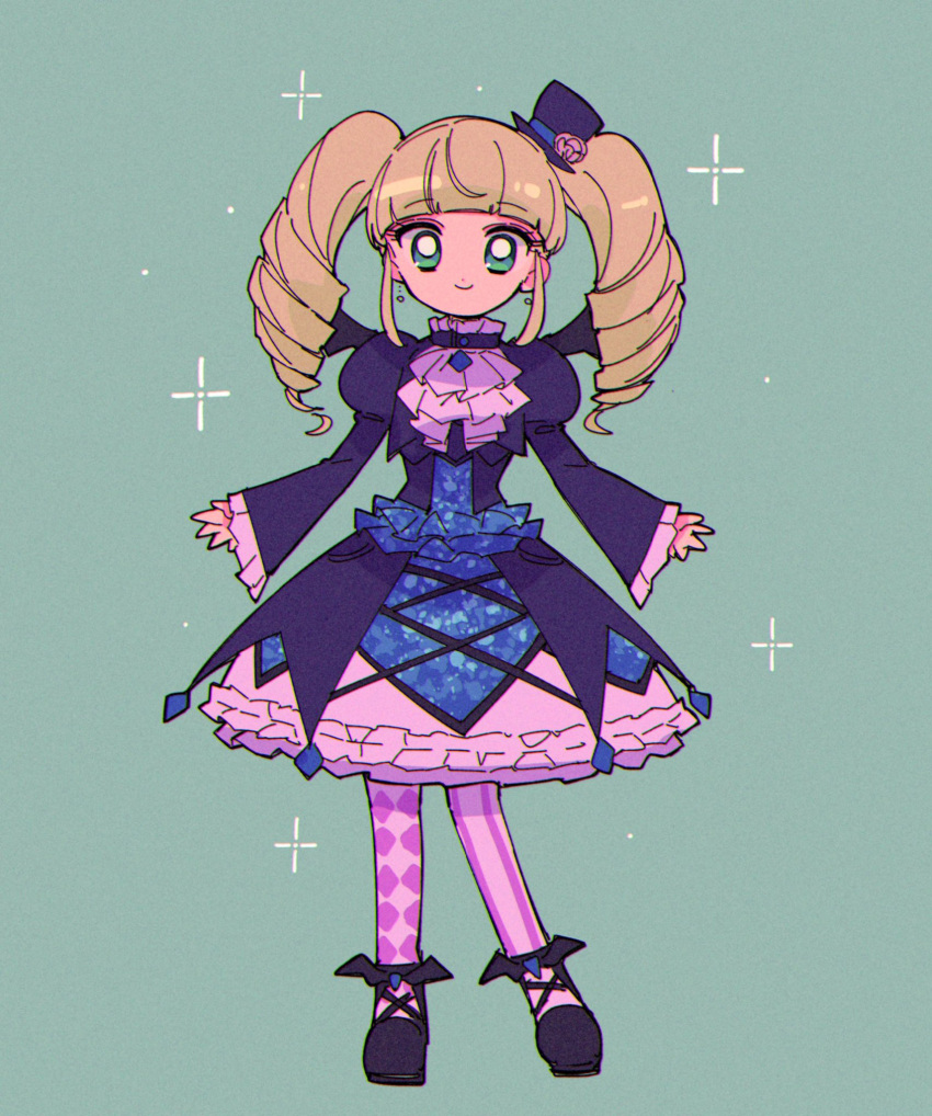 1girl, aikatsu!, aikatsu!_(series), arms_at_sides, black_footwear, blunt_bangs, bright_pupils, checkered_thighhighs