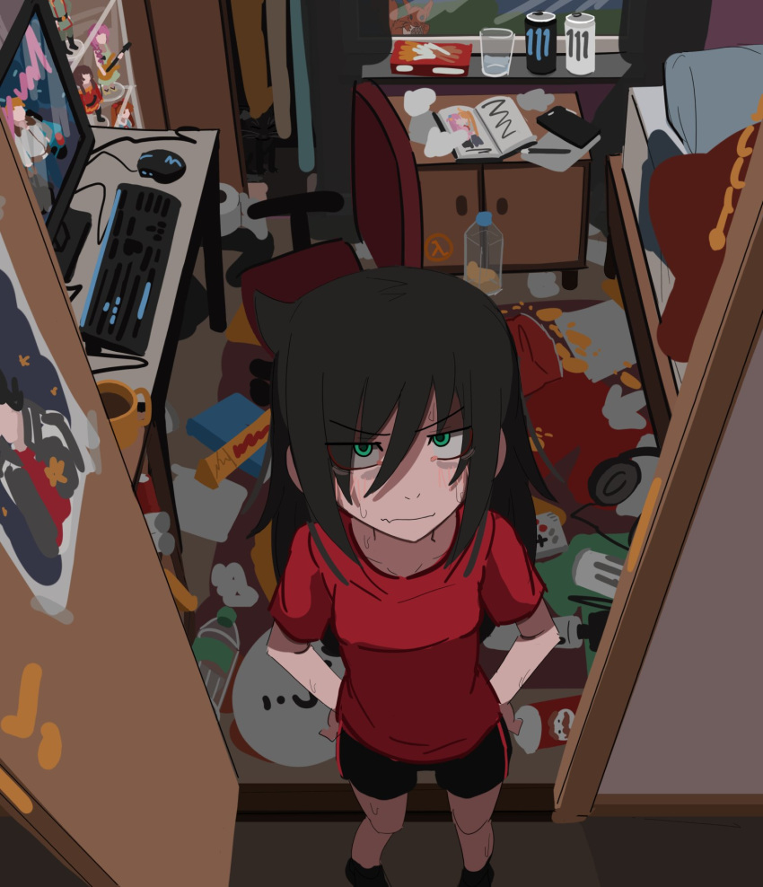 1girl, bedroom, black_curtains, black_hair, black_shorts, breasts, chair, chips_(food)