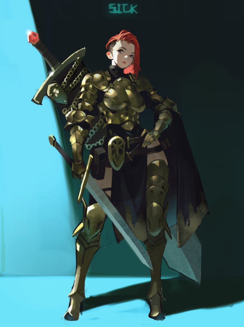 1girl, absurdres, arm_armor, armor, armored_boots, armored_dress, arowana2111, blue_eyes
