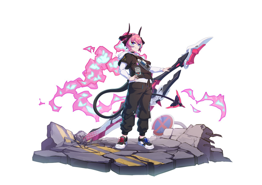1girl, absurdres, alternate_costume, black_footwear, black_horns, black_pants, black_shirt, blue_eyes