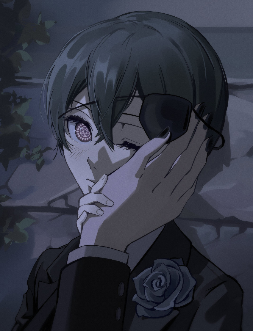 2boys, absurdres, against_wall, bishounen, black_jacket, blue_flower, blue_hair, ciel_phantomhive