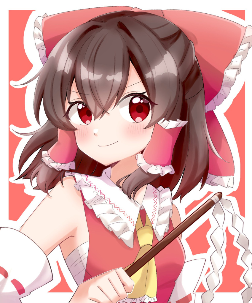 1girl, ascot, bare_shoulders, blush, border, bow, brown_hair, chest_sarashi, closed_mouth, collar, collared_vest, commentary_request, detached_sleeves, double-parted_bangs, frilled_ascot, frilled_bow, frilled_collar, frilled_hair_tubes, frills, gohei, hair_between_eyes, hair_bow, hair_tubes, hakurei_reimu, highres, holding, holding_gohei, looking_at_viewer, medium_hair, outline, outside_border, red_background, red_bow, red_eyes, red_ribbon, red_vest, ribbon, ribbon-trimmed_sleeves, ribbon_trim, sarashi, simappi, simple_background, smile, solo, touhou, upper_body, vest, white_border, white_outline, white_sleeves, yellow_ascot
