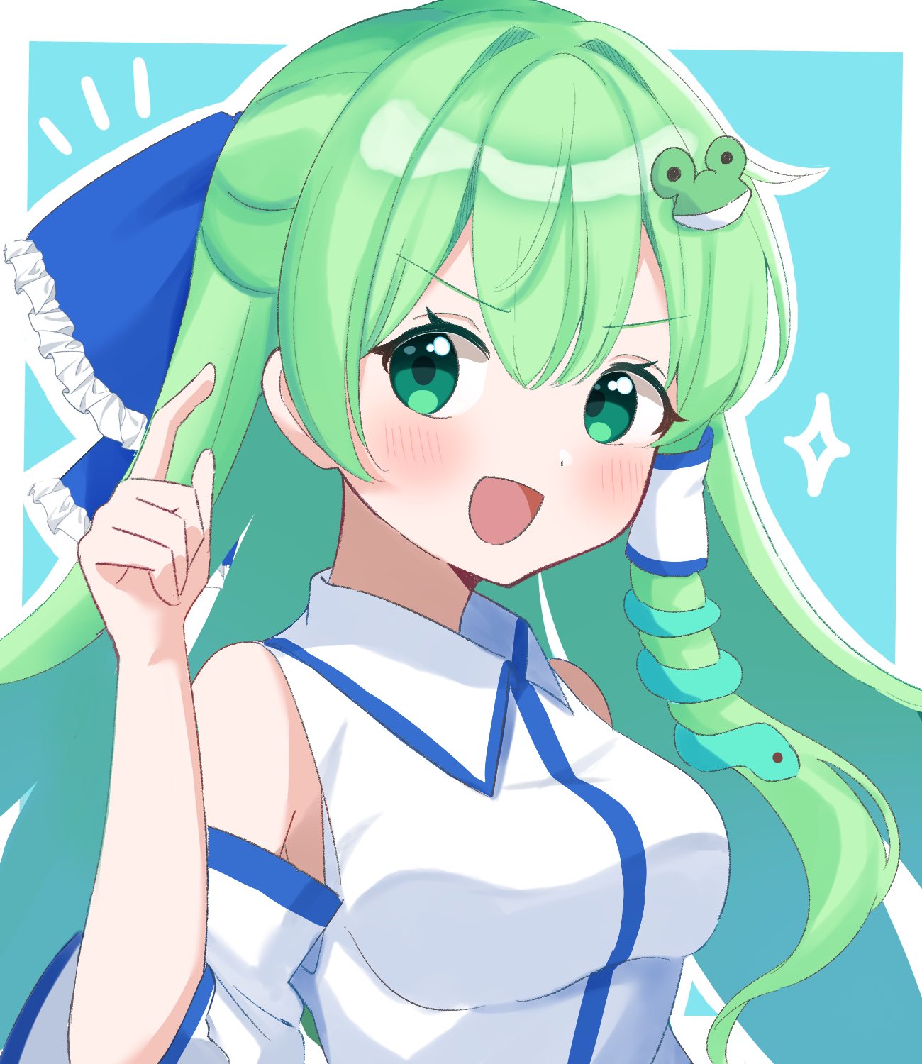 1girl, :d, aqua_background, bare_shoulders, blue_bow, blue_trim, blush, border