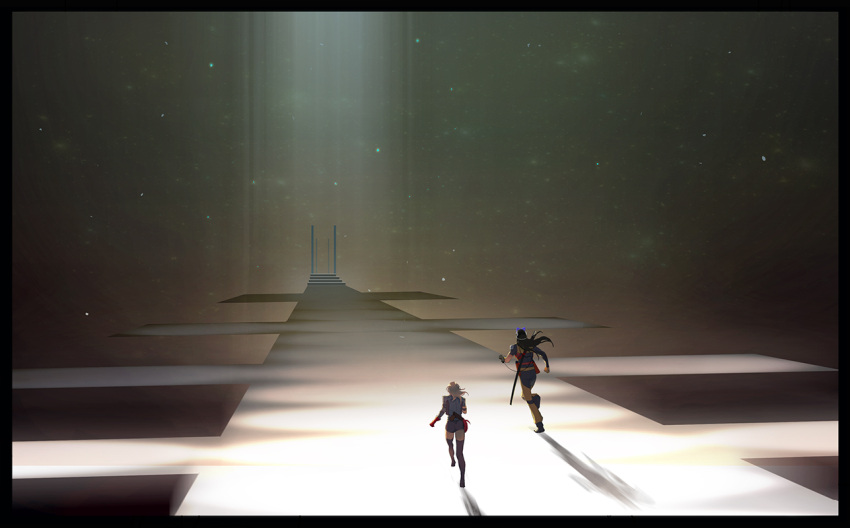 1boy, 1girl, aleph_(megami_tensei), black_hair, blonde_hair, boots, hiroko_(megami_tensei), o_c_x