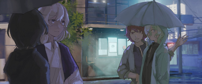 1girl, 3others, black_hair, black_shirt, black_umbrella, blue_eyes, blue_jacket, blue_umbrella