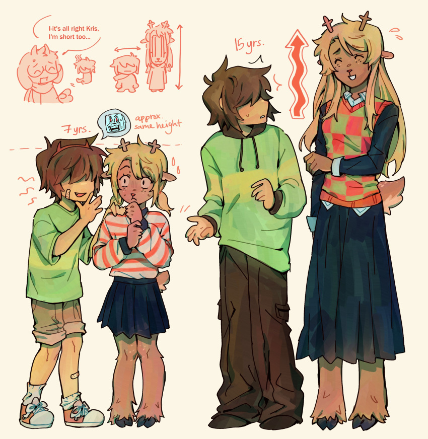 1boy, 1girl, 1other, absurdres, age_progression, animal_ears, antlers, bandaid