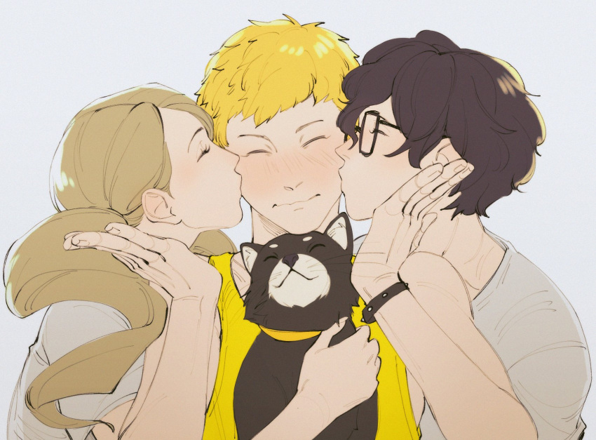 1girl, 2boys, amamiya_ren, animal, arms_up, black-framed_eyewear, black_hair, blonde_hair
