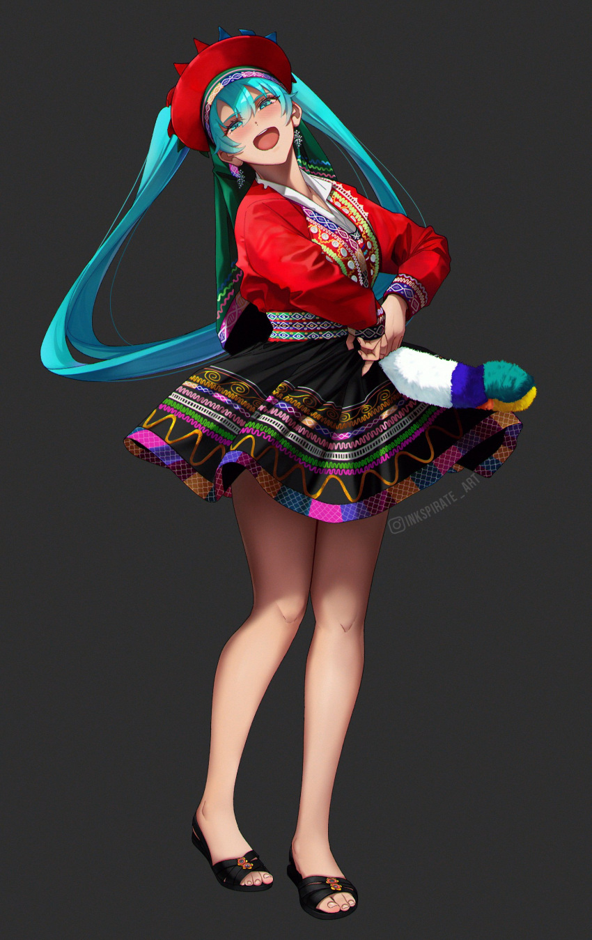 1girl, absurdres, alternate_costume, aqua_eyes, aqua_hair, artist_name, black_dress, black_footwear, blush, coat, commentary, dress, earrings, embroidered_coat, embroidered_dress, english_commentary, english_text, grey_background, half-closed_eyes, hatsune_miku, highres, inkspirate, instagram_logo, instagram_username, jewelry, long_sleeves, looking_at_viewer, peruvian, peruvian_clothes, red_coat, sandals, simple_background, solo, toes, twintails, vocaloid