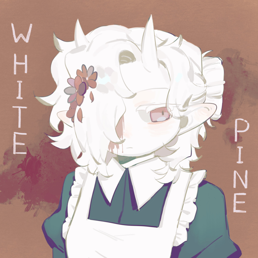 1girl, animification, apron, blood, brown_background, chinese_commentary, collared_shirt, colored_skin