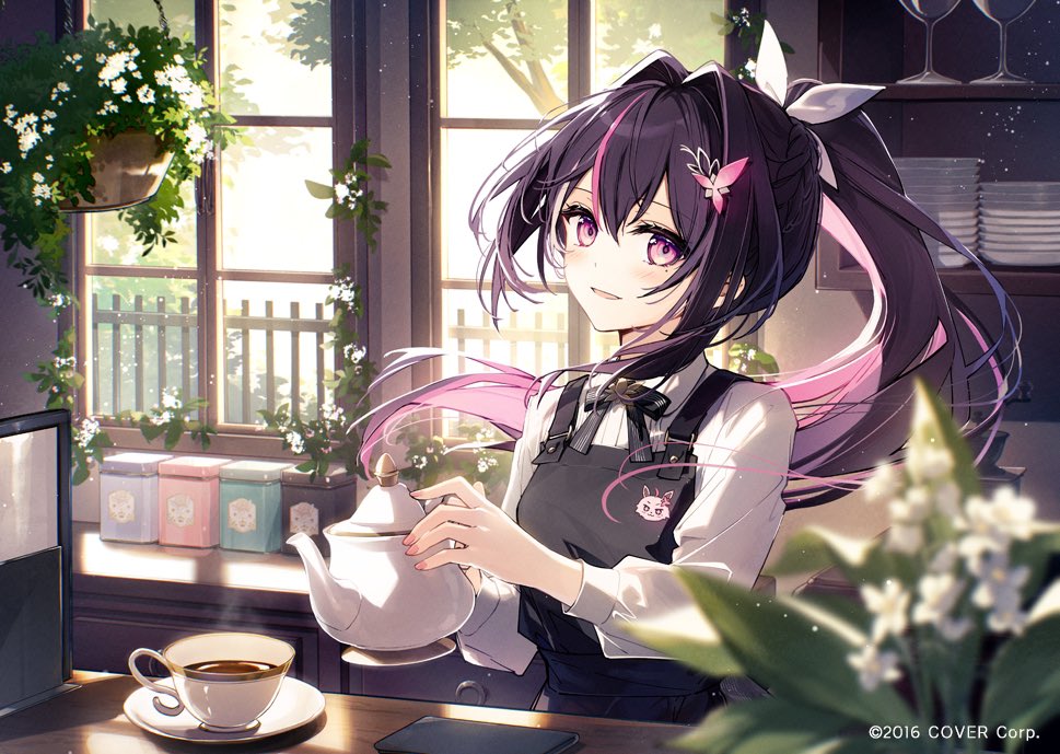 1girl, apron, azki_(hololive), black_apron, black_bow, black_hair, blurry, blurry_foreground