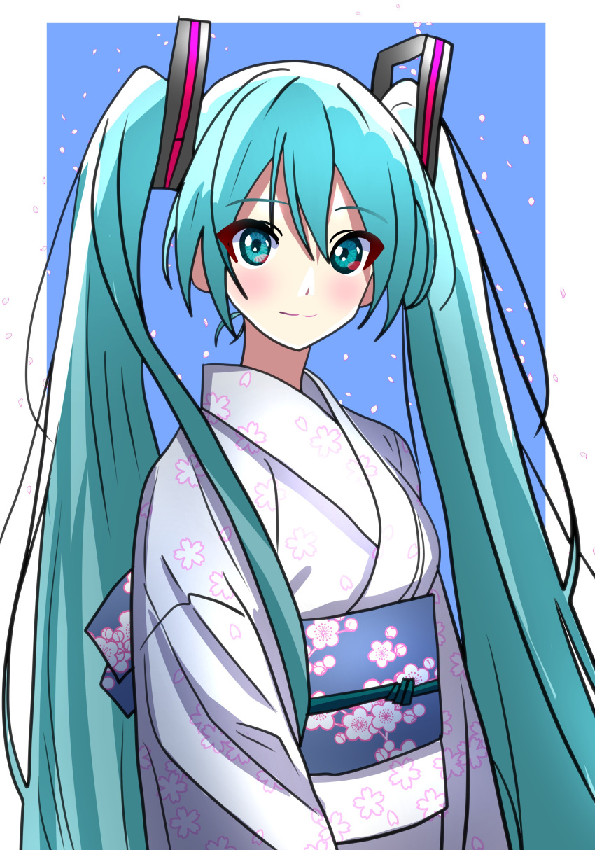 1girl, :3, absurdres, aqua_eyes, aqua_hair, blue_background, blue_sky, blush, border, cherry_blossoms, closed_mouth, commentary, english_commentary, falling_petals, floral_print, floral_print_shirt, from_side, hair_ornament, hanami, hatsune_miku, highres, kisaragi9a, light_smile, long_hair, long_sleeves, looking_at_viewer, looking_to_the_side, loose_hair_strand, obi, obijime, outdoors, outside_border, petals, pink_petals, purple_sash, sash, sky, smile, solo, standing, twintails, very_long_hair, vocaloid, white_border
