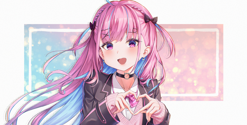 1girl, absurdres, ahoge, aqua_hair, black_choker, blue_background, blurry, blush