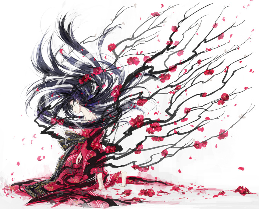 1girl, bare_back, bare_shoulders, barefoot, black_eyes, black_hair, black_ribbon, branch