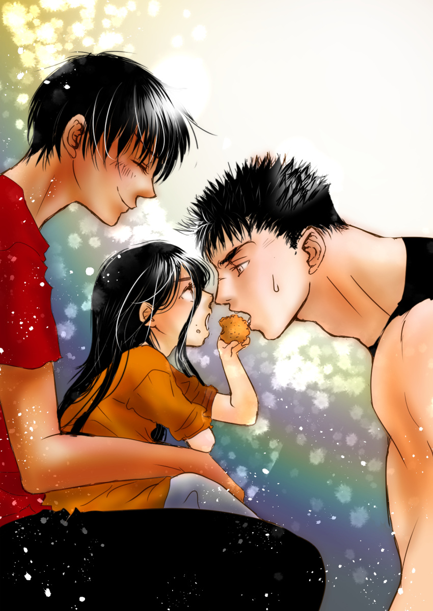 1girl, 2boys, ^_^, berserk, black_hair, casca_(berserk), closed_eyes, commentary_request