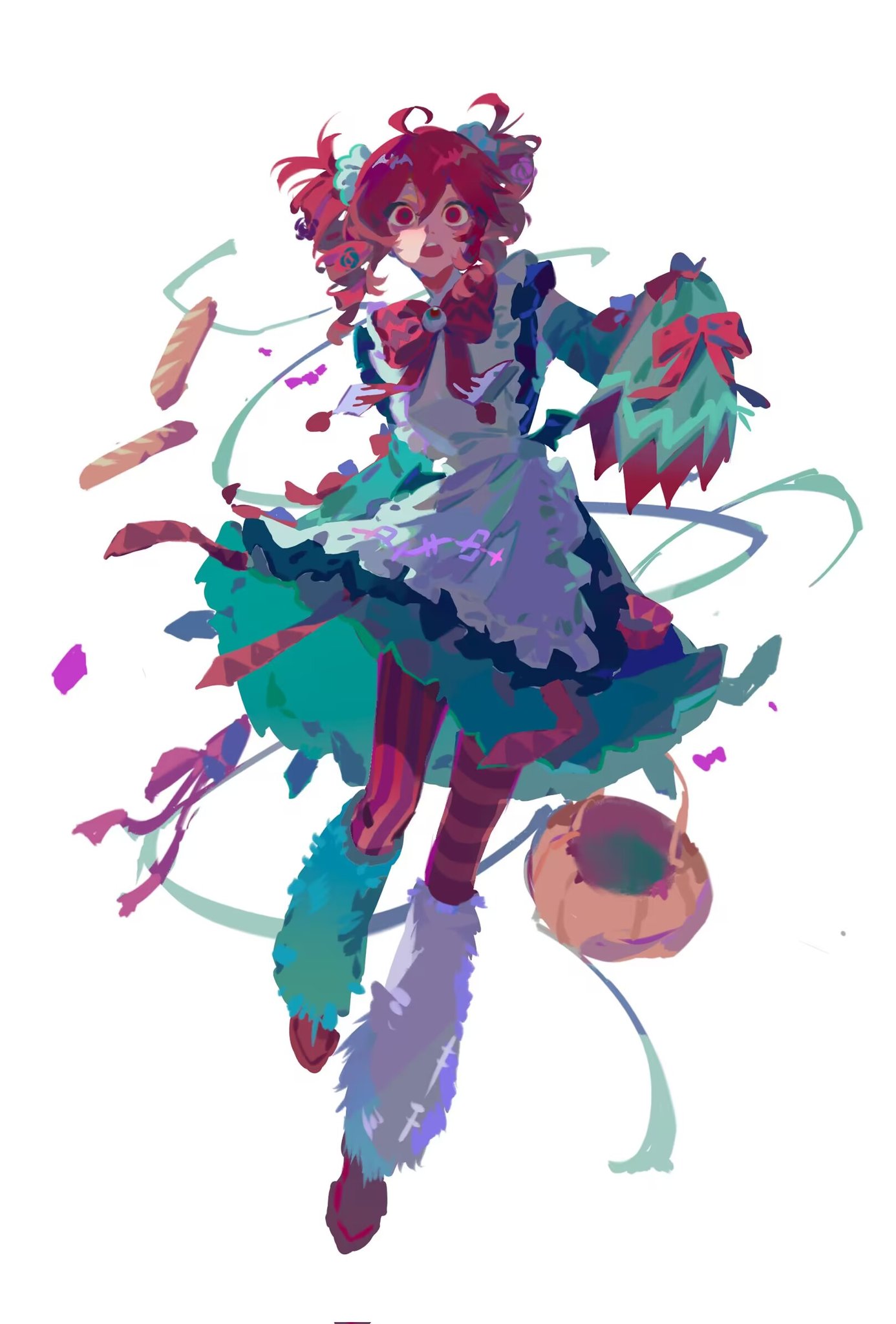 1girl, :<, ahoge, apron, arm_behind_back, asymmetrical_legwear, baguette, bow, bowtie, bread, bucket, candy, check_commentary, chinese_commentary, commentary_request, dress, drill_hair, dropping, food, frilled_apron, frilled_dress, frills, full_body, fur_leg_warmers, green_dress, green_leg_warmers, green_ribbon, hair_between_eyes, halloween_bucket, highres, holding, holding_cloth, kasane_teto, leg_warmers, leggings, long_sleeves, messy_hair, mismatched_legwear, mr.cockroach, open_mouth, orange_leggings, outstretched_arm, red_bow, red_bowtie, red_eyes, red_footwear, red_leggings, redhead, ribbon, running, shaded_face, shoes, simple_background, solo, striped_leggings, synthesizer_v, teeth, twin_drills, twintails, upper_teeth_only, utau, vertical-striped_leggings, white_apron, white_background, white_leg_warmers, wide-eyed