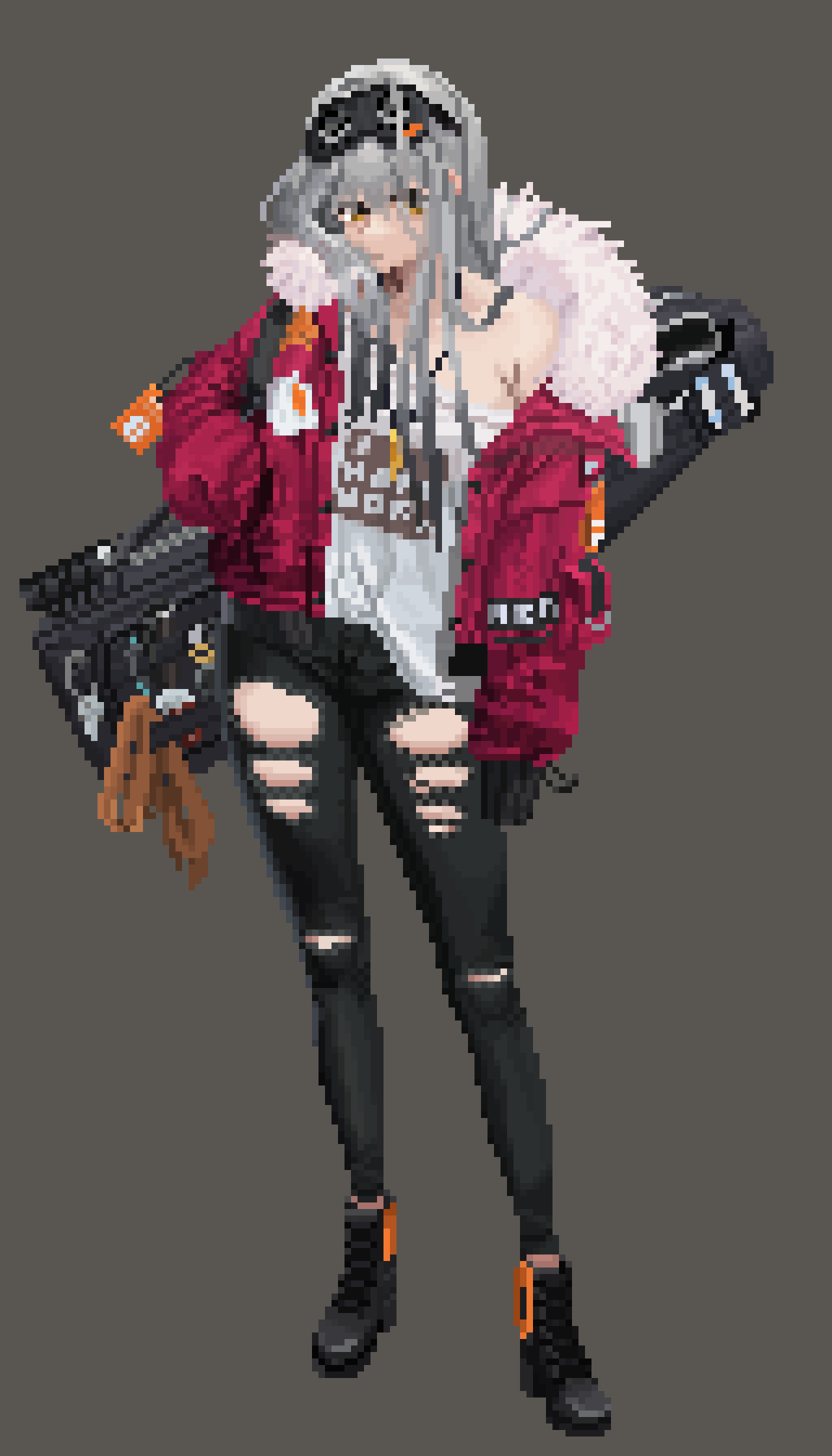 bare_shoulders, boots, frima_(nikke), full_body, fur_collar, goddess_of_victory:_nikke, grey_hair, gun