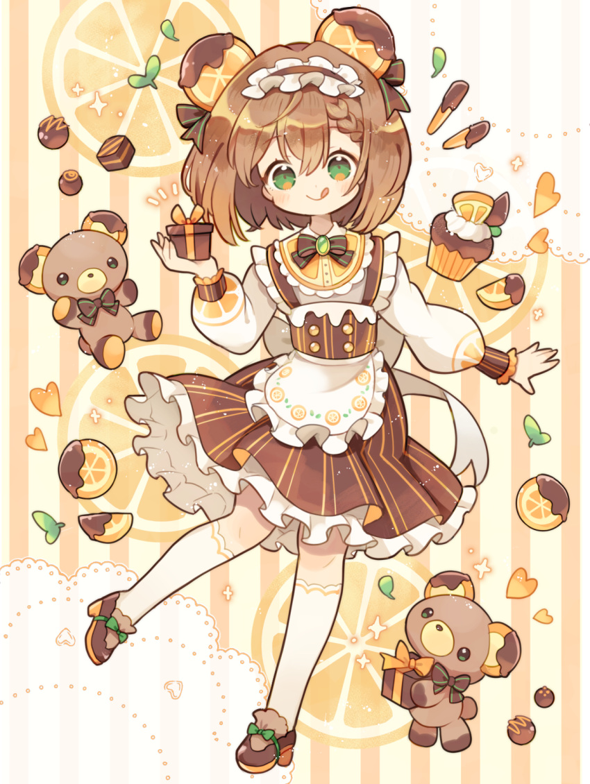 1girl, :q, animal_ears, apron, asymmetrical_bangs, black_hairband, bow, bowtie
