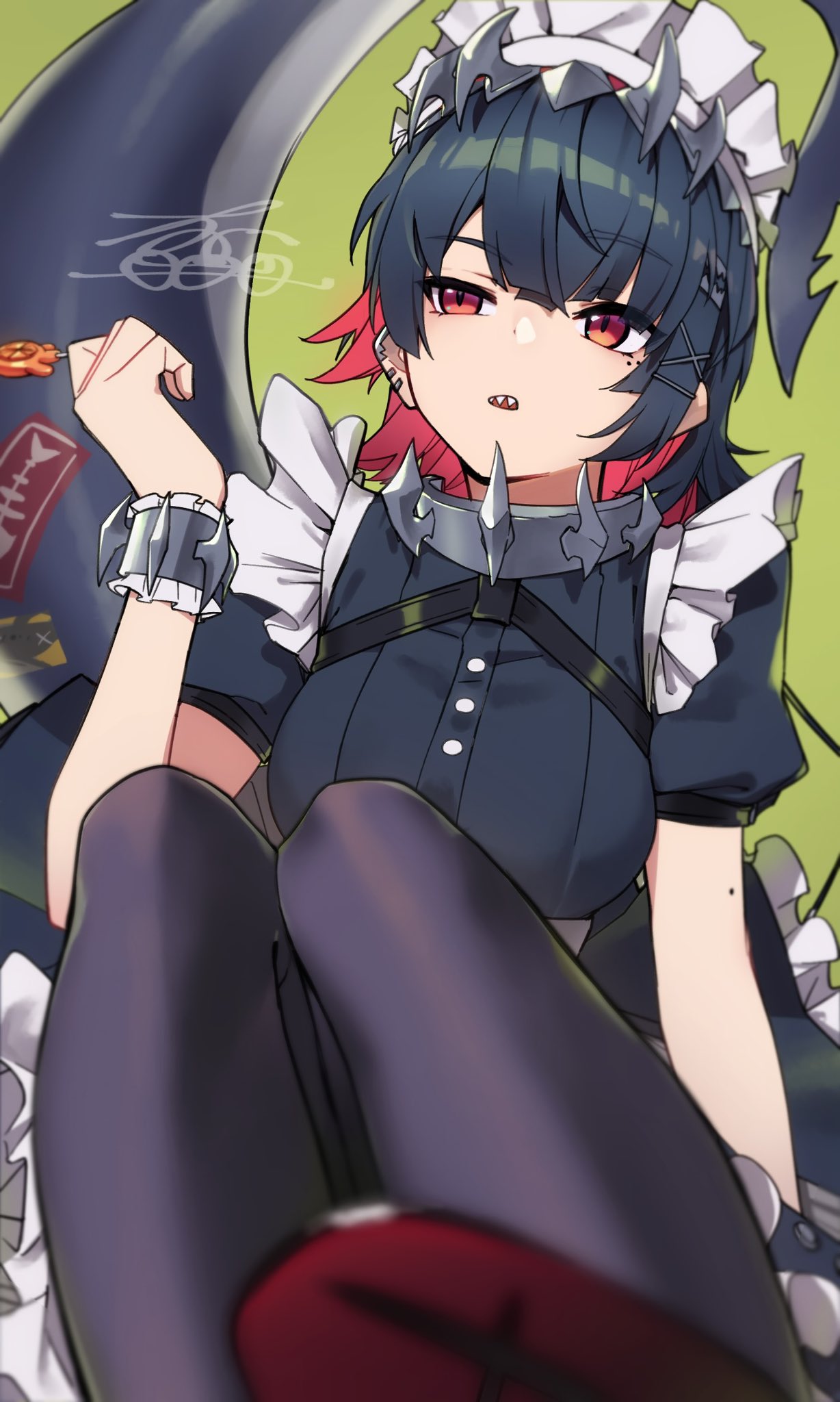 1girl, candy, dango_imooimo, earrings, ellen_joe, fins, fish_tail, food, green_background, highres, holding, holding_candy, holding_food, holding_lollipop, jewelry, lollipop, maid, mole, mole_on_arm, red_eyes, shark_tail, sharp_teeth, solo, tail, teeth, thigh-highs, third-party_source, wrist_cuffs, zenless_zone_zero
