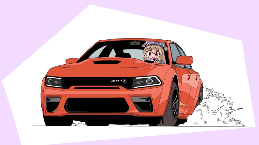 1girl, american_flag_dress, blonde_hair, blush, car, clownpiece, dodge_(company), dodge_charger