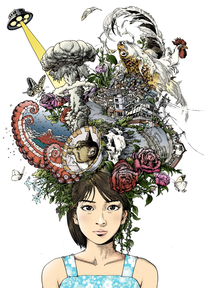 1girl, bird, black_eyes, blue_flower, brown_hair, bubble, bug, building