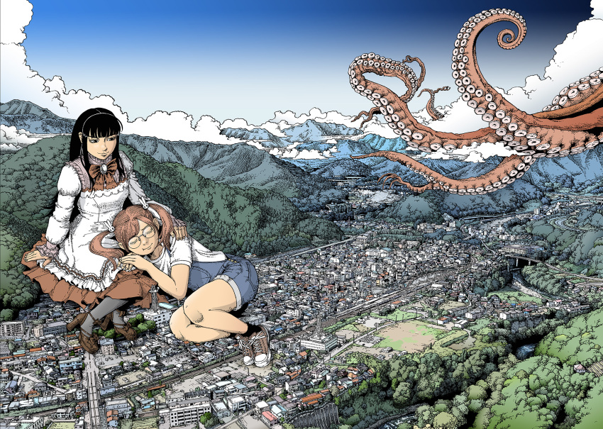2girls, apron, black_hair, black_socks, blue_overalls, blunt_bangs, brown_footwear, brown_hair, building, city, clouds, day, dress, giant, giantess, grey_pantyhose, hair_ornament, high_heels, highres, landscape, lap_pillow, long_hair, long_sleeves, medium_hair, mountain, multiple_girls, nozonder, original, outdoors, overall_shorts, overalls, pantyhose, rabbit_hair_ornament, red_dress, scenery, shirt, shoes, short_sleeves, socks, suction_cups, surreal, tentacles, tree, twintails, white_apron, white_shirt