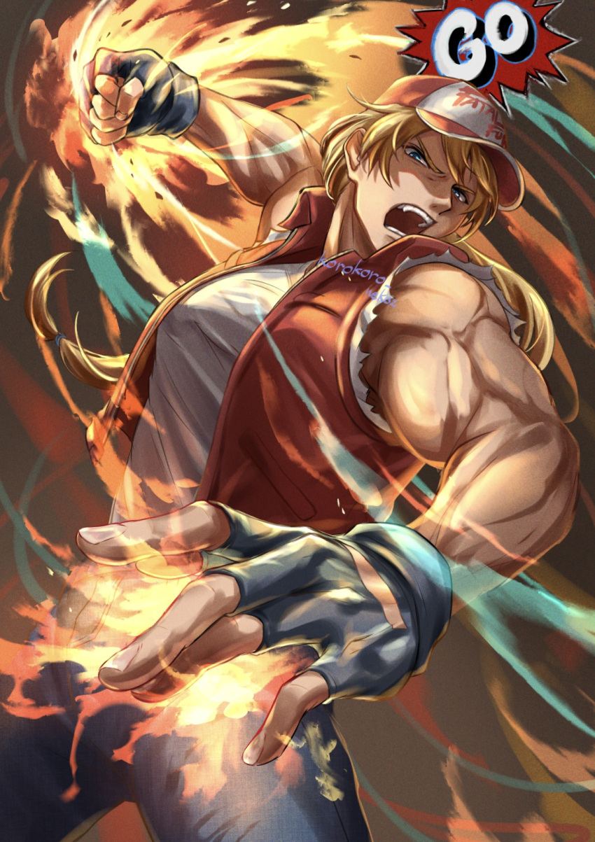 1boy, arm_up, baseball_cap, black_gloves, blonde_hair, blue_eyes, blue_pants, collared_jacket