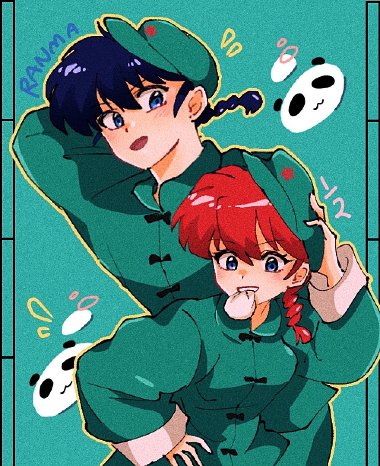 1boy, 1girl, blue_eyes, blush, braid, braided_ponytail, breasts, character_name, chinese_clothes, dual_persona, dumpling, food, garnel_(letsgotomato11), green_background, green_hat, hat, highres, open_mouth, panda, ranma-chan, ranma_1/2, saotome_ranma, star_(symbol), tangzhuang