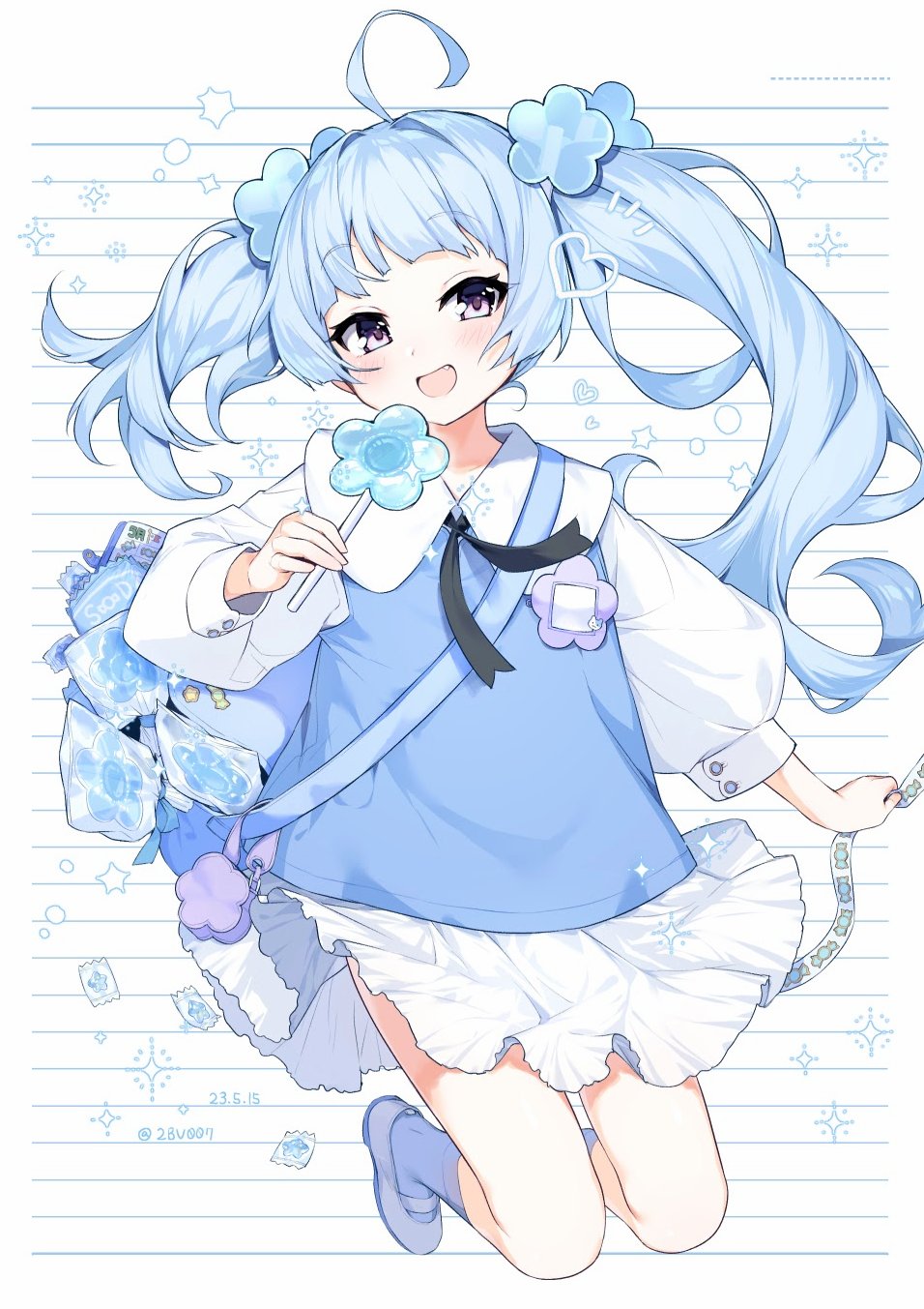 1girl, 2023, ahoge, artist_name, blue_hair, blush, candy, copyright_request