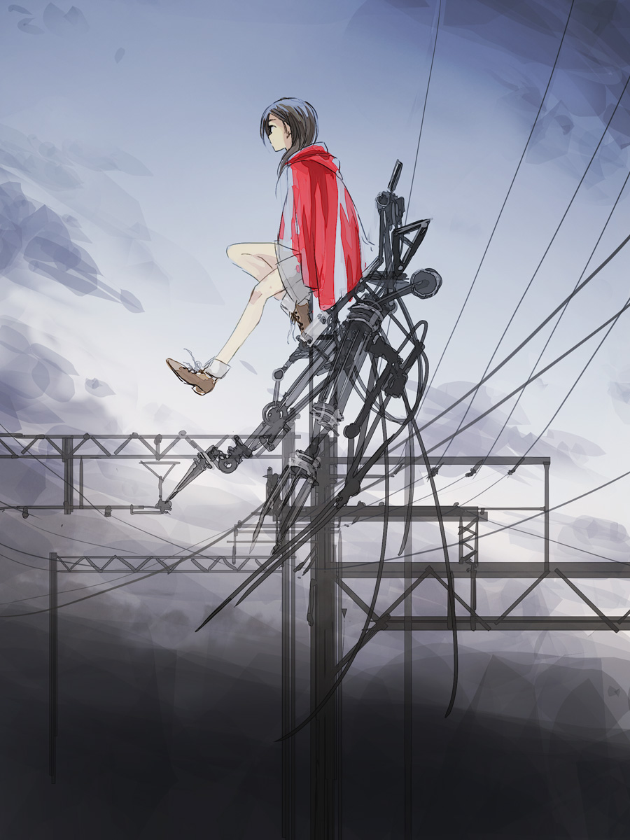 1girl, bare_legs, blue_sky, broken_wires, brown_eyes, brown_footwear, cable, clouds