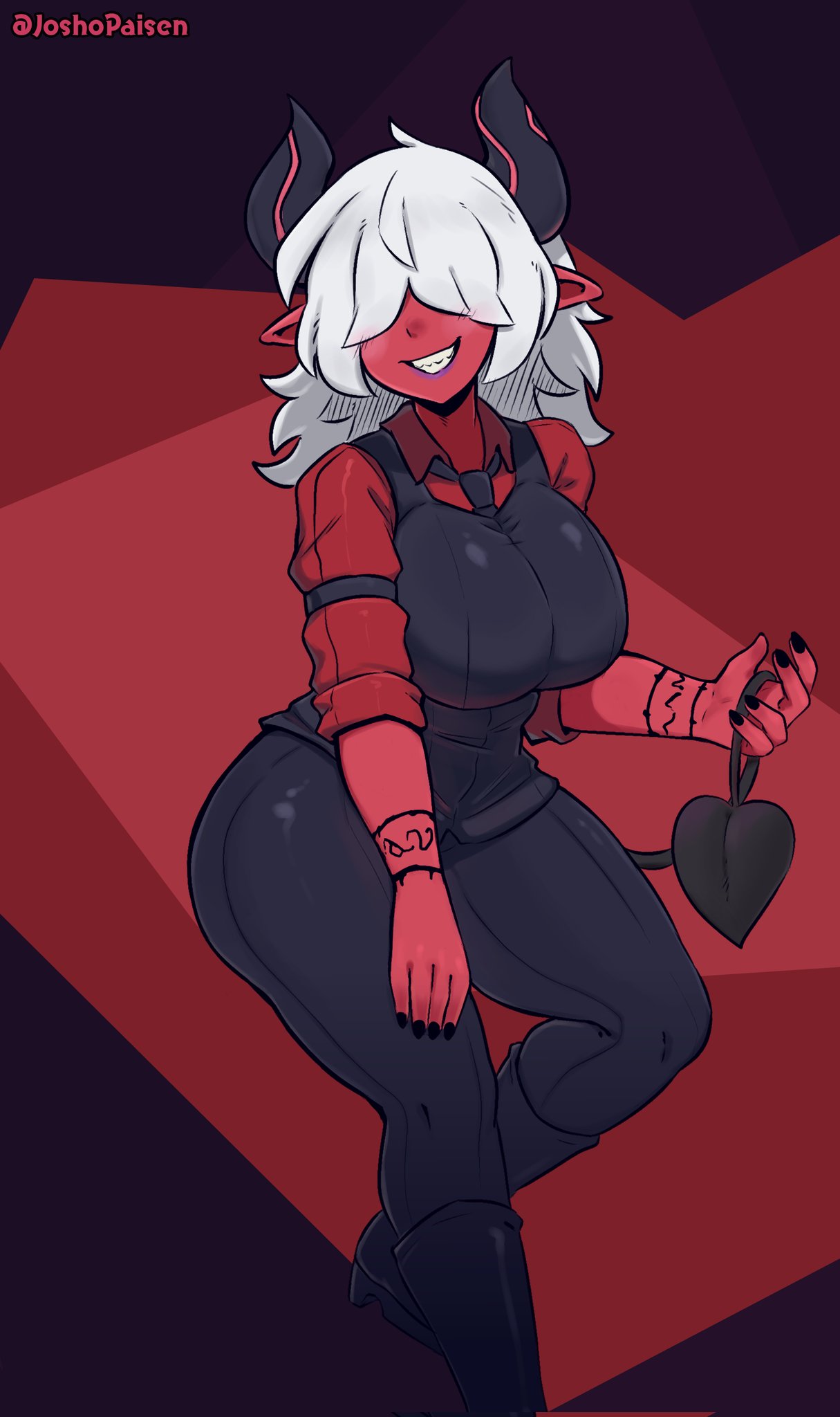 1girl, arm_garter, arm_tattoo, black_nails, black_necktie, black_vest, breasts, cerberus_(helltaker)