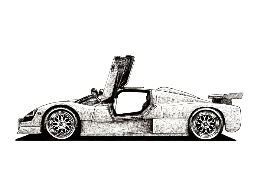 butterfly_doors, car, from_side, greyscale, highres, monochrome, motor_vehicle, no_humans