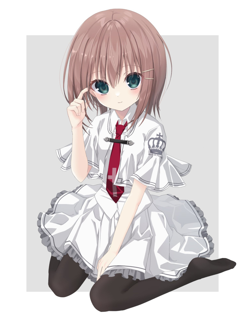 1girl, alternate_costume, between_legs, black_pantyhose, blush, border, brown_hair, c22vt1myjpljbnn, capelet, closed_mouth, collared_shirt, commentary, cross_print, crown_print, eyelashes, eyes_visible_through_hair, frilled_skirt, frills, full_body, green_eyes, grey_background, hair_between_eyes, hair_ornament, hairclip, hand_between_legs, hand_up, happy, highres, index_finger_raised, looking_at_viewer, mamiya_hasaki, medium_hair, necktie, no_shoes, outside_border, pantyhose, pleated_skirt, print_necktie, red_necktie, school_uniform, scratching_head, shirt, shy, simple_background, sitting, skirt, smile, soles, solo, straight_hair, subarashiki_hibi, symbol-only_commentary, wariza, white_border, white_capelet, white_shirt, white_skirt