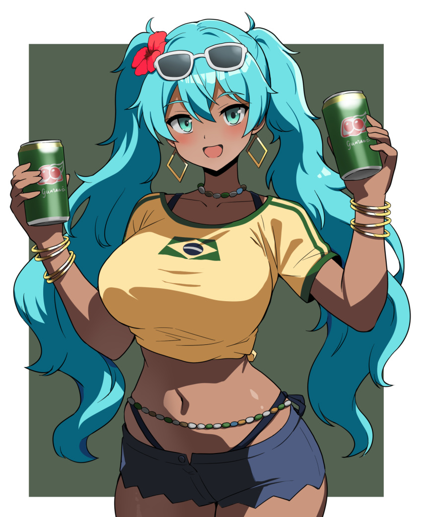 1girl, aqua_eyes, aqua_hair, bead_choker, belly_chain, bikini, blush, borrowed_design, bracelet, brazil, brazilian_flag, brazilian_flag_print, brazilian_miku, breasts, earrings, eyewear_on_head, flower, gold_earrings, guarana_antarctica, hair_between_eyes, hair_flower, hair_ornament, hatsune_miku, highres, jewelry, ki-51_(ampullaria), large_breasts, long_hair, looking_at_viewer, multiple_bracelets, navel, open_mouth, rectangular_earrings, shirt, shorts, side-tie_bikini_bottom, smile, solo, sunglasses, swimsuit, tan, twintails, very_long_hair, vocaloid, white-framed_eyewear, yellow_shirt