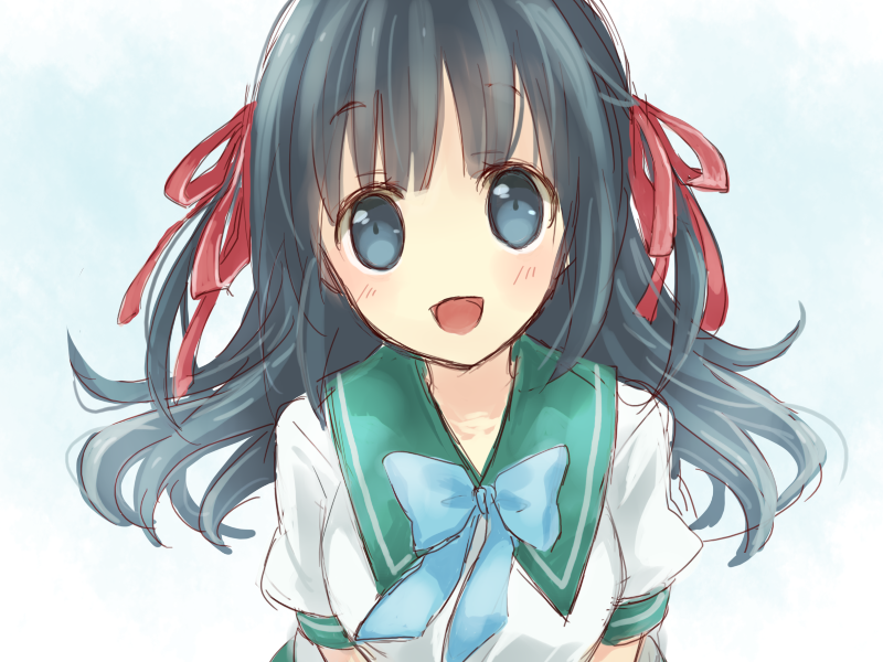 1girl, black_hair, blue_eyes, blunt_bangs, bow, doll_(game), green_sailor_collar, hair_bow