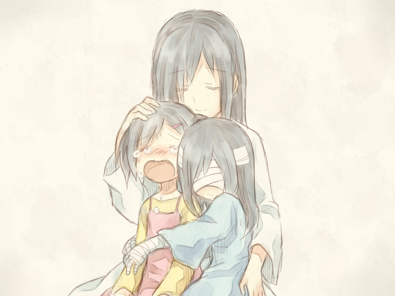3girls, agasaki_yuna, agasaki_yuna_(real), bandaged_head, bandages, black_hair, closed_eyes, doctor_agasaki