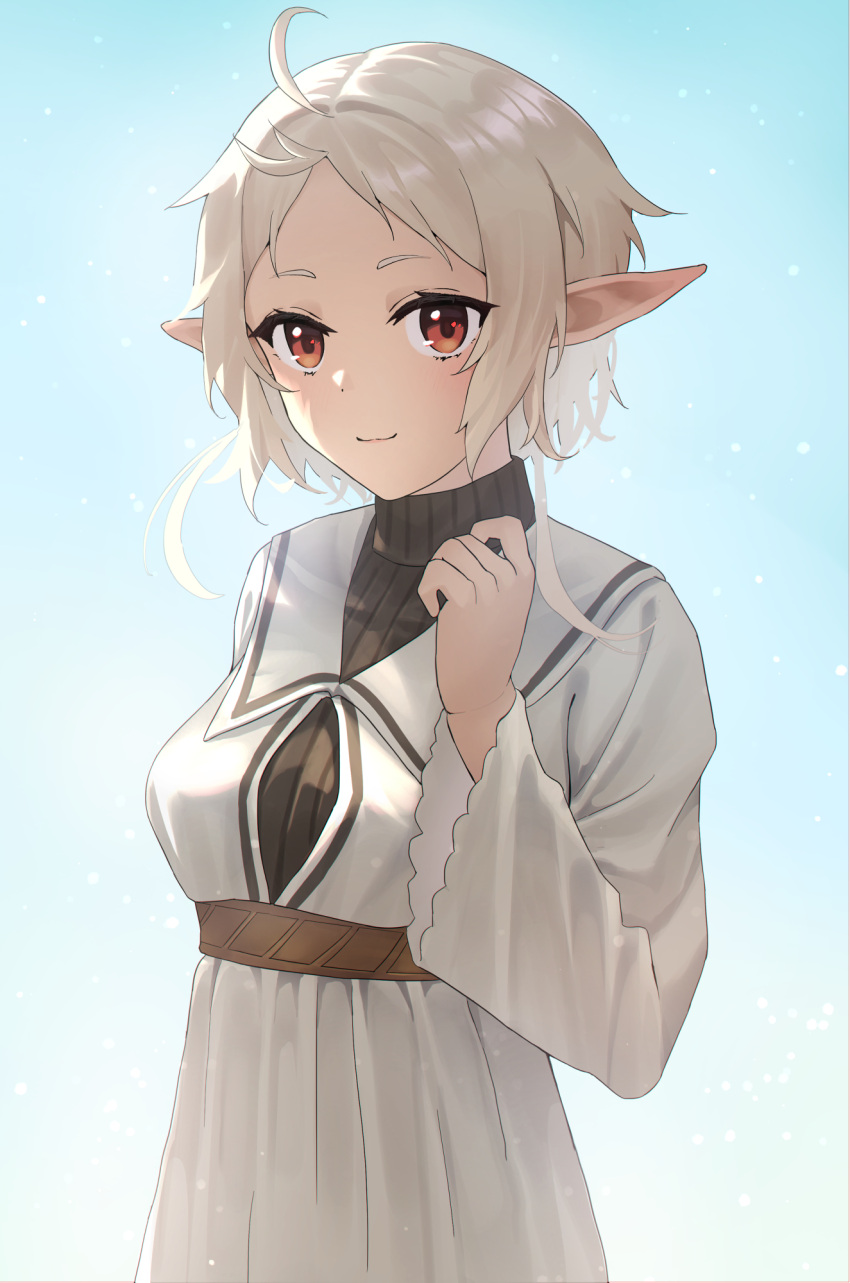 1girl, ahoge, closed_mouth, dress, glazearty, grey_hair, highres, looking_at_viewer