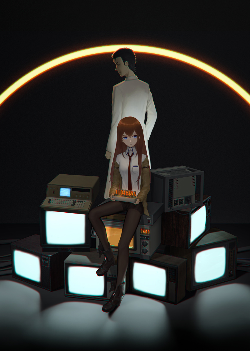 1boy, 1girl, absurdres, arms_at_sides, back-to-back, black_background, black_footwear, black_hair, black_pantyhose, black_shorts, boots, breast_pocket, breasts, bright_pupils, brown_jacket, cable, chinese_commentary, closed_mouth, coat, collared_shirt, commentary, computer, computer_keyboard, cropped, crt, dark, device, dress_shirt, expressionless, foot_up, full_body, glowing, hair_between_eyes, hair_slicked_back, highres, holding, indoors, jacket, lab_coat, long_hair, long_sleeves, looking_afar, looking_to_the_side, makise_kurisu, microwave, necktie, neon_lights, nixie_tube, off_shoulder, okabe_rintarou, open_clothes, open_jacket, pantyhose, pantyhose_under_shorts, pocket, red_necktie, redhead, shirt, short_shorts, shorts, shupianmao, sitting, sitting_on_object, small_breasts, standing, steins;gate, television, very_long_hair, violet_eyes, white_coat, white_pupils, white_shirt