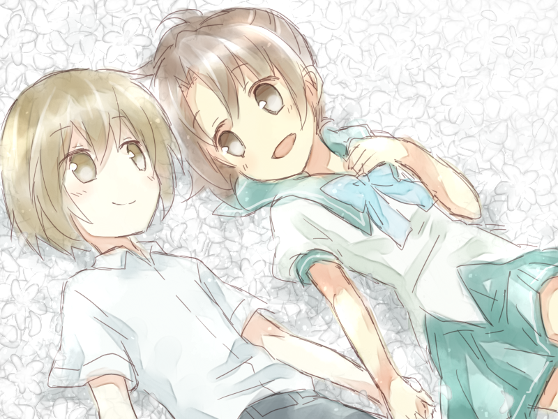 1boy, 1girl, blonde_hair, brown_eyes, brown_hair, couple, doll_(game), green_sailor_collar