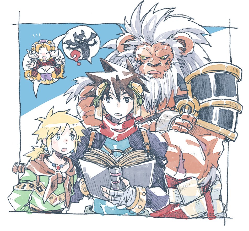 3boys, armor, blonde_hair, blue_eyes, book, brown_hair, grandia, grandia_ii