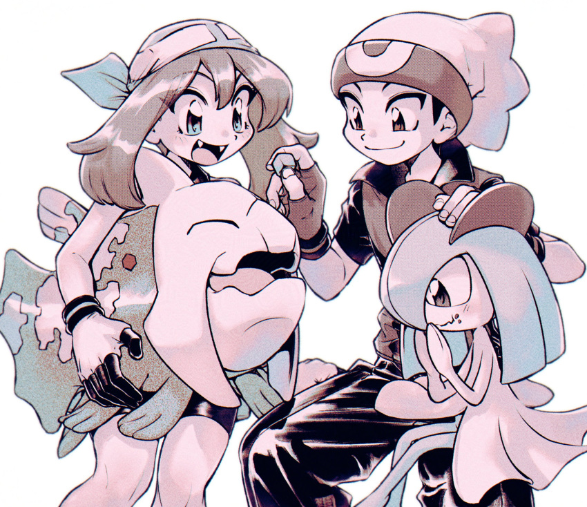 1boy, 1girl, :d, bandana, brendan_(pokemon), closed_mouth, eating, fangs, fingerless_gloves, food, food_on_face, funabara_(sksn_herb), gloves, hand_on_another's_head, hat, highres, holding, holding_pokemon, kirlia, looking_at_another, may_(pokemon), open_mouth, pants, pokeblock, pokemon, pokemon_(creature), pokemon_adventures, relicanth, ruby_(pokemon), sapphire_(pokemon), sapphire_birch, shirt, shorts, smile