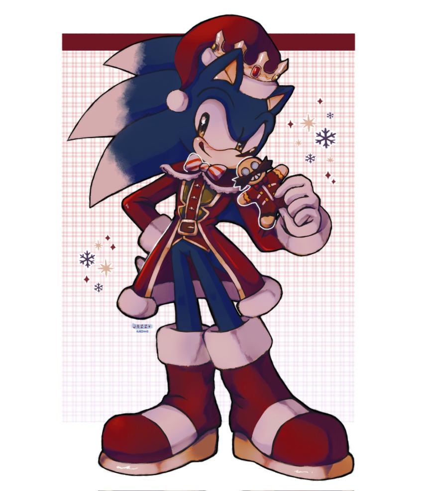 1boy, animal_ears, animal_nose, blush, boots, bow, bowtie, character-themed_food, character_cookie, christmas, closed_mouth, coat, commentary, cookie, dr._eggman, food, full_body, furry, furry_male, gingerbread_man, gloves, hat, highres, holding, holding_food, jazzmm15, licking_lips, male_focus, official_alternate_costume, red_coat, red_footwear, red_hat, santa_hat, simple_background, smile, snowflakes, solo, sonic_(series), sonic_forces:_speed_battle, sonic_the_hedgehog, sonic_the_hedgehog_(snowdrift), standing, symbol-only_commentary, tail, tongue, tongue_out, white_background, white_gloves